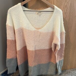 ADORA Women's V-Neck Color Block Sweater - White, Pink, Gray